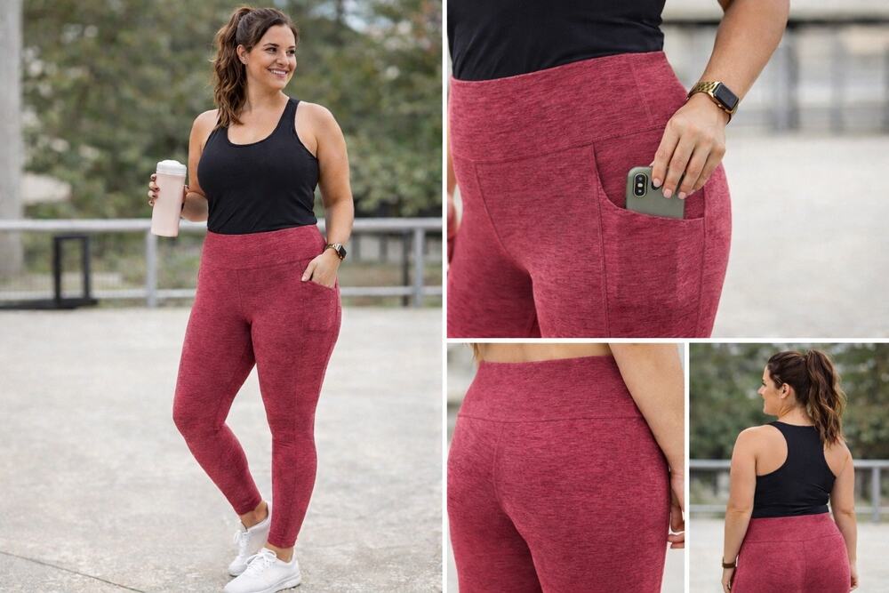 Oalka High Rise Heather Red Leggings Phone pocket Stretchy Spandex XL